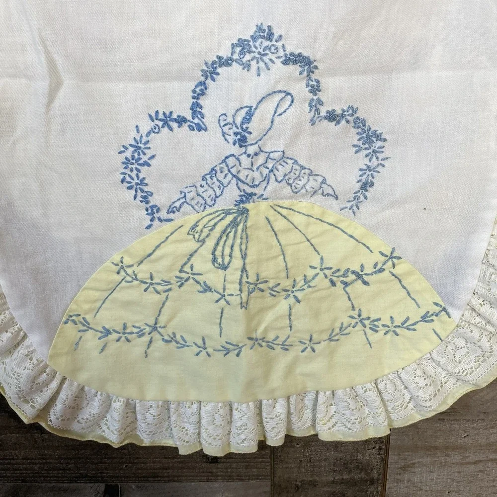Vtg Hand Embroidered Table Runner Floral Pastel Lady Cottagecore Lace Trim